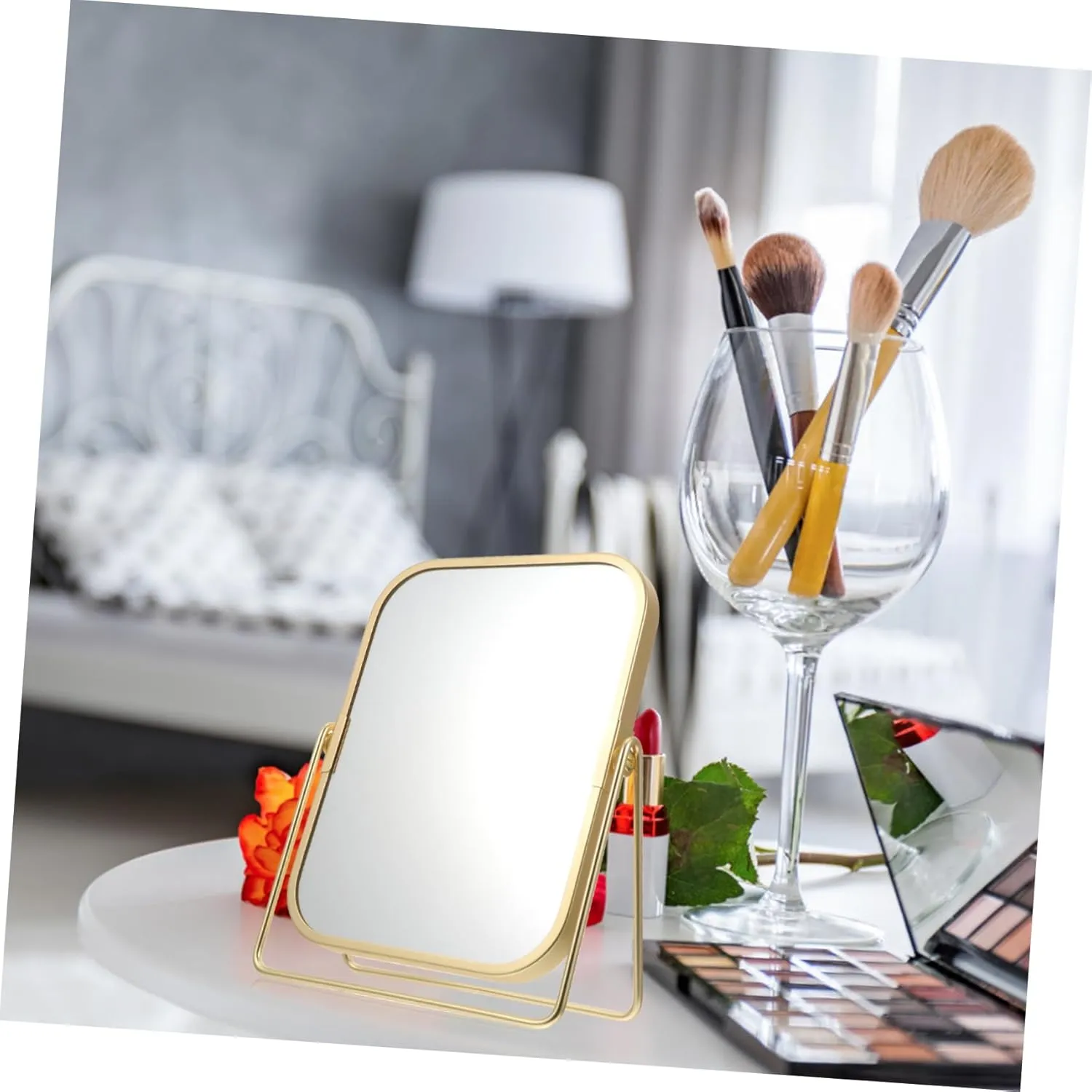 360degree Decorative Swivel Makeup Mirror with Stand Double-Sided Vanity Mirror for Easy Viewing for Grooming Makeup Application and Travel Convenience Stylish Tabletop Design