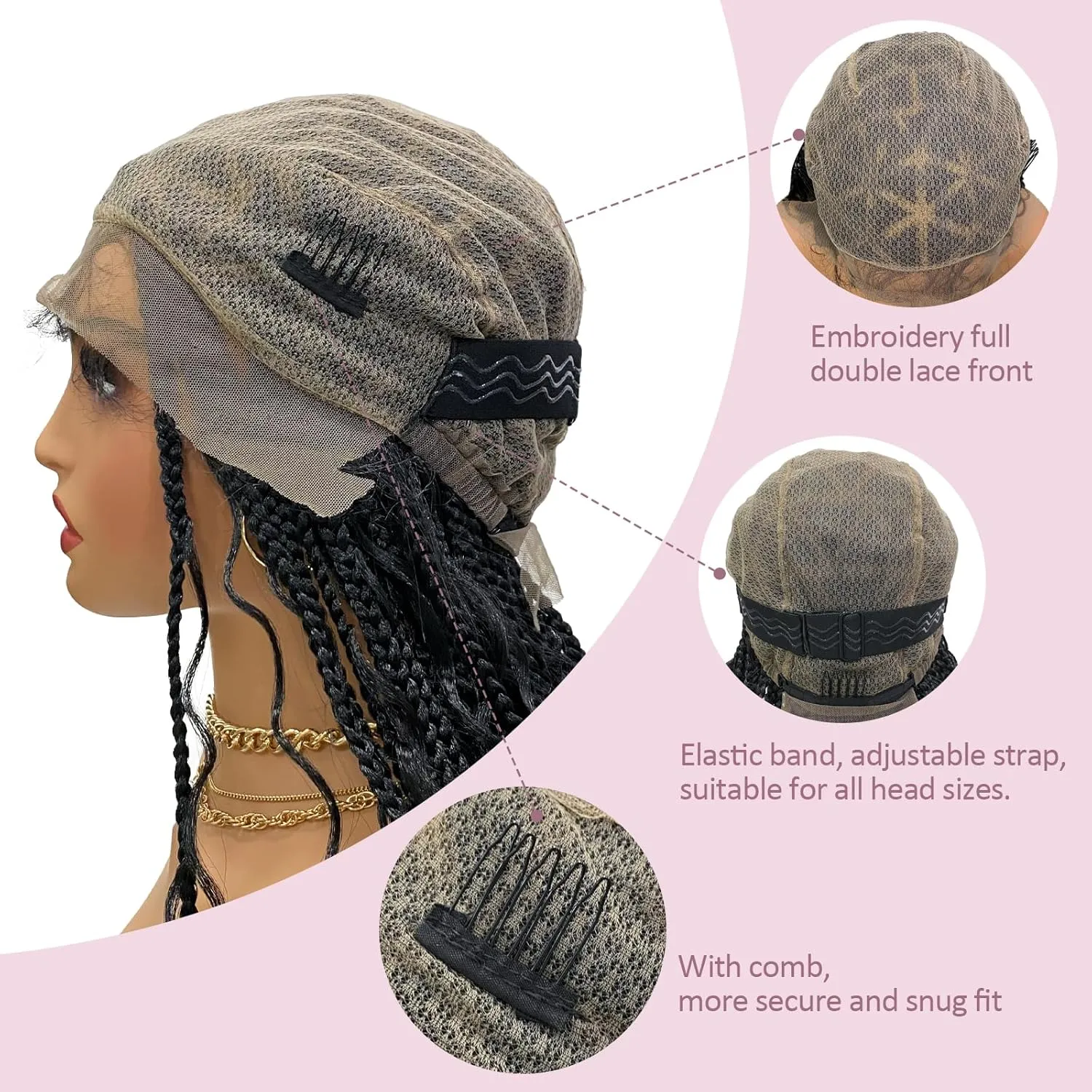 36" Boho Triangle Knotless Box Braided Wigs Full Double Lace Braid Wig for Women Lace Frontal Human Hair Blended Braided Wig with Boho Curls Lace Front Braids Wigs with Baby Hair (Black)