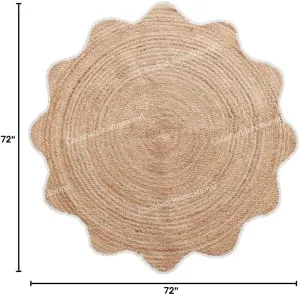 4x4, 5x5, 6x6,feet Natural Jute Scallop Round Rug, Floor Scalloped Edge Rug Braided Boho Eco Large Circular Handmade Area Rugs (D2)