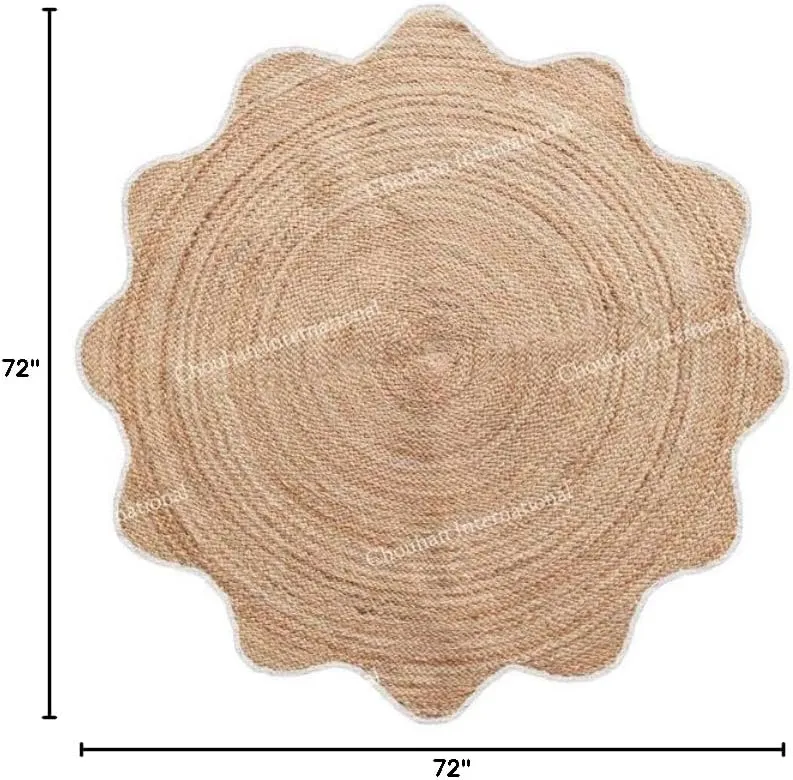 4x4, 5x5, 6x6,feet Natural Jute Scallop Round Rug, Floor Scalloped Edge Rug Braided Boho Eco Large Circular Handmade Area Rugs (D2)