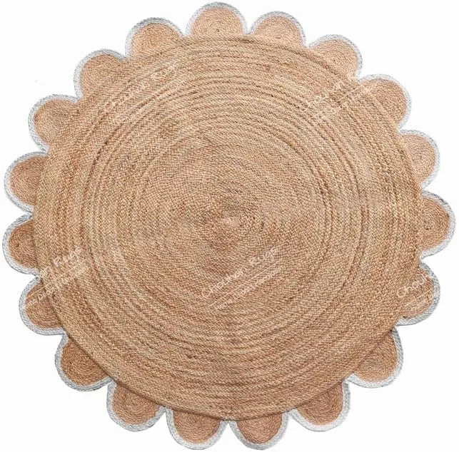 4x4, 5x5, 6x6,feet Natural Jute Scallop Round Rug, Floor Scalloped Edge Rug Braided Boho Eco Large Circular Handmade Area Rugs