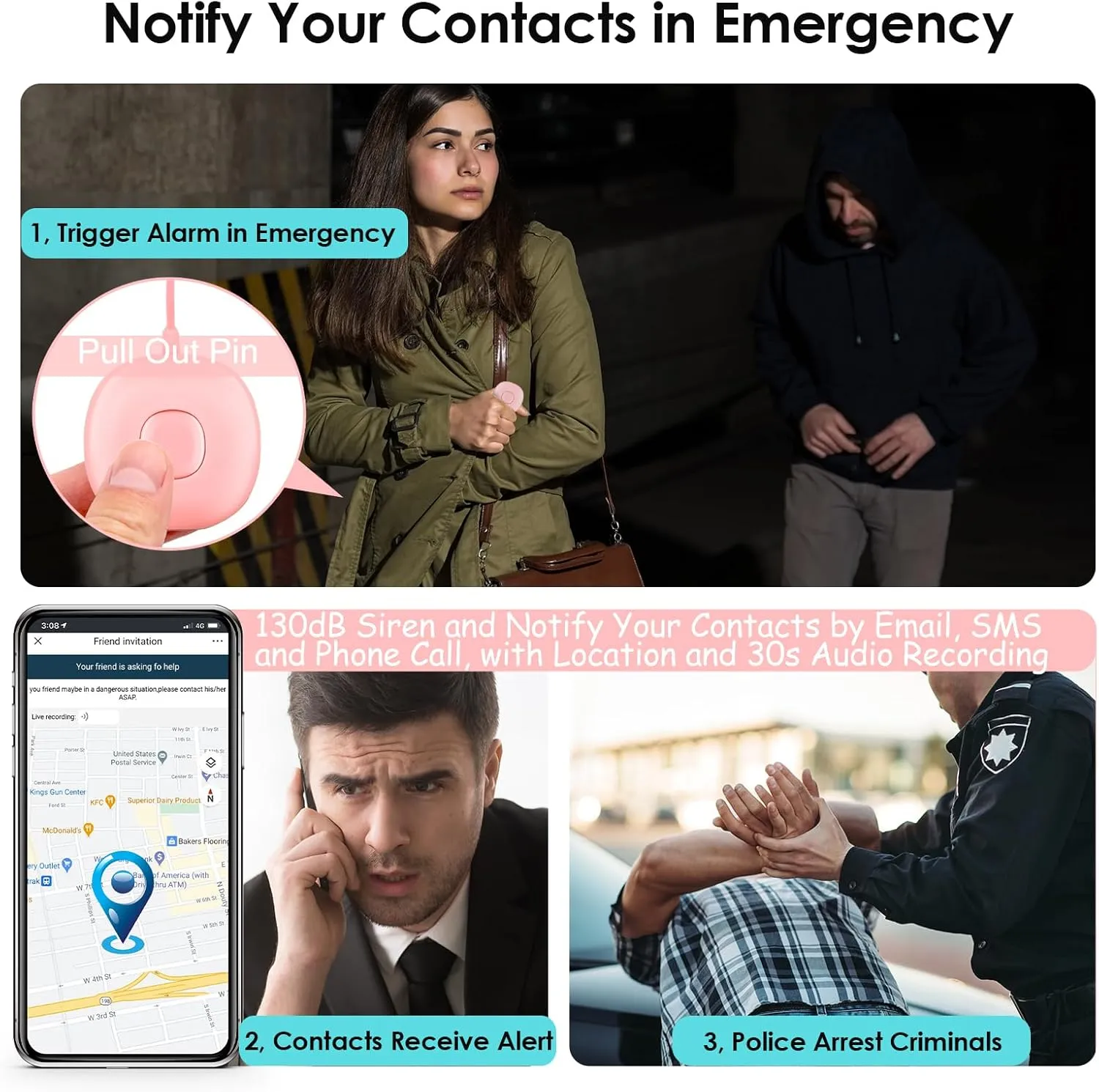 5-in-1 Smart Personal Alarms for Women, 130dB Sound, Notify Emergency Contacts by Email/SMS/Call, GPS Tracker and Audio Recording, Key Finder, Phone Anti-Lost, Timer Alarm, Bluetooth Connect 1085
