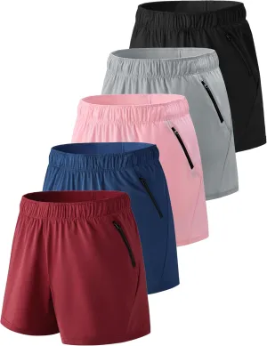 5 Pack: Womens Workout Gym Shorts Casual Lounge Set, Ladies Active Athletic Apparel with Zipper Pockets