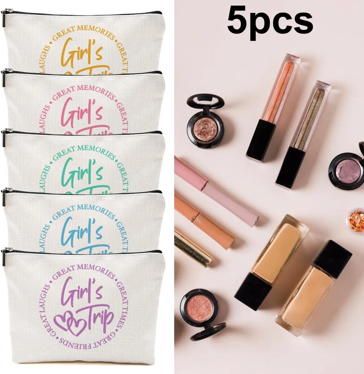 5 Pcs Girls Trip Gifts Favors, Girls Weekend Gifts Makeup Bag, Bestie Gifts Weekend Bag Travel Gifts Vacation Cosmetic Bag, Friendship Gifts for Women Friends, Graduation Wedding Gifts Toiletry Bag