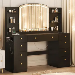 55’’ Makeup Vanity Desk with Mirror and Lights Adjustable, Glass Top Modern Vanity Table with 9 Drawers, Power Outlet, Hair Dryer Holder for Women, Girls, Black