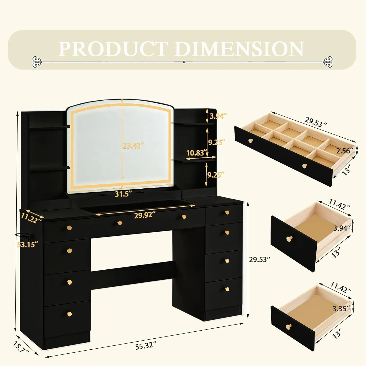 55’’ Makeup Vanity Desk with Mirror and Lights Adjustable, Glass Top Modern Vanity Table with 9 Drawers, Power Outlet, Hair Dryer Holder for Women, Girls, Black