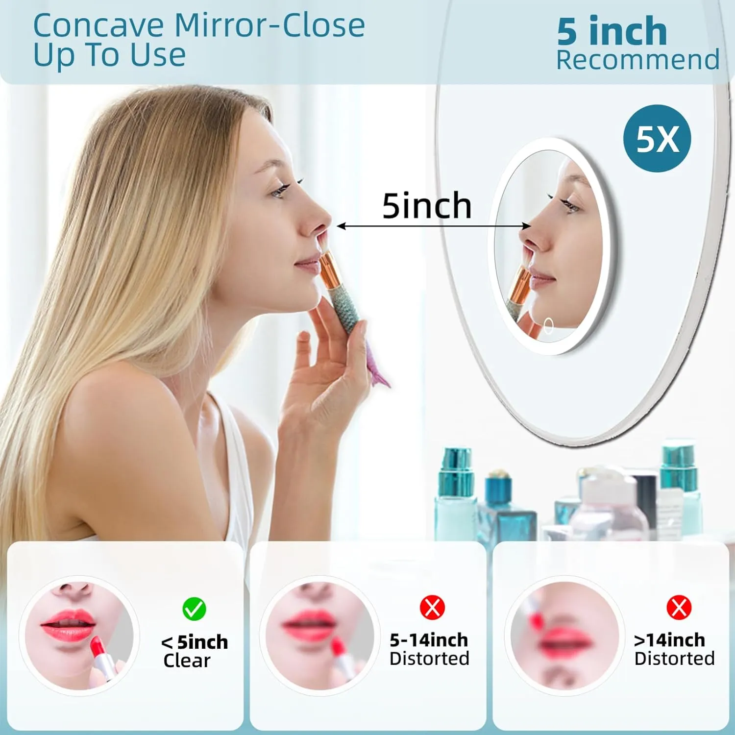 5X Magnifying Mirror with Lights, 5X Magnified Mirror with 3 Color Lights Adjustable Brightness, Rechargeable 6inch Travel Magnification with 3 Suction Cups - Includes Tweezers & Scissors