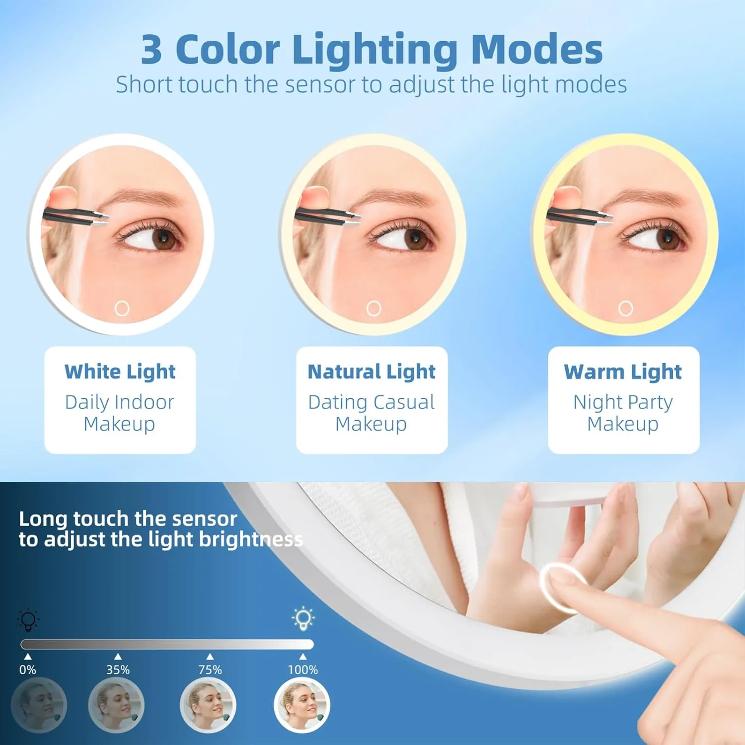 5X Magnifying Mirror with Lights, 5X Magnified Mirror with 3 Color Lights Adjustable Brightness, Rechargeable 6inch Travel Magnification with 3 Suction Cups - Includes Tweezers & Scissors