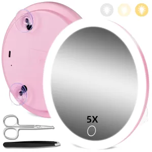 5X Magnifying Mirror with Lights, 5X Magnified Mirror with 3 Color Lights Adjustable Brightness, Rechargeable 6inch Travel Magnification with 3 Suction Cups - Includes Tweezers & Scissors