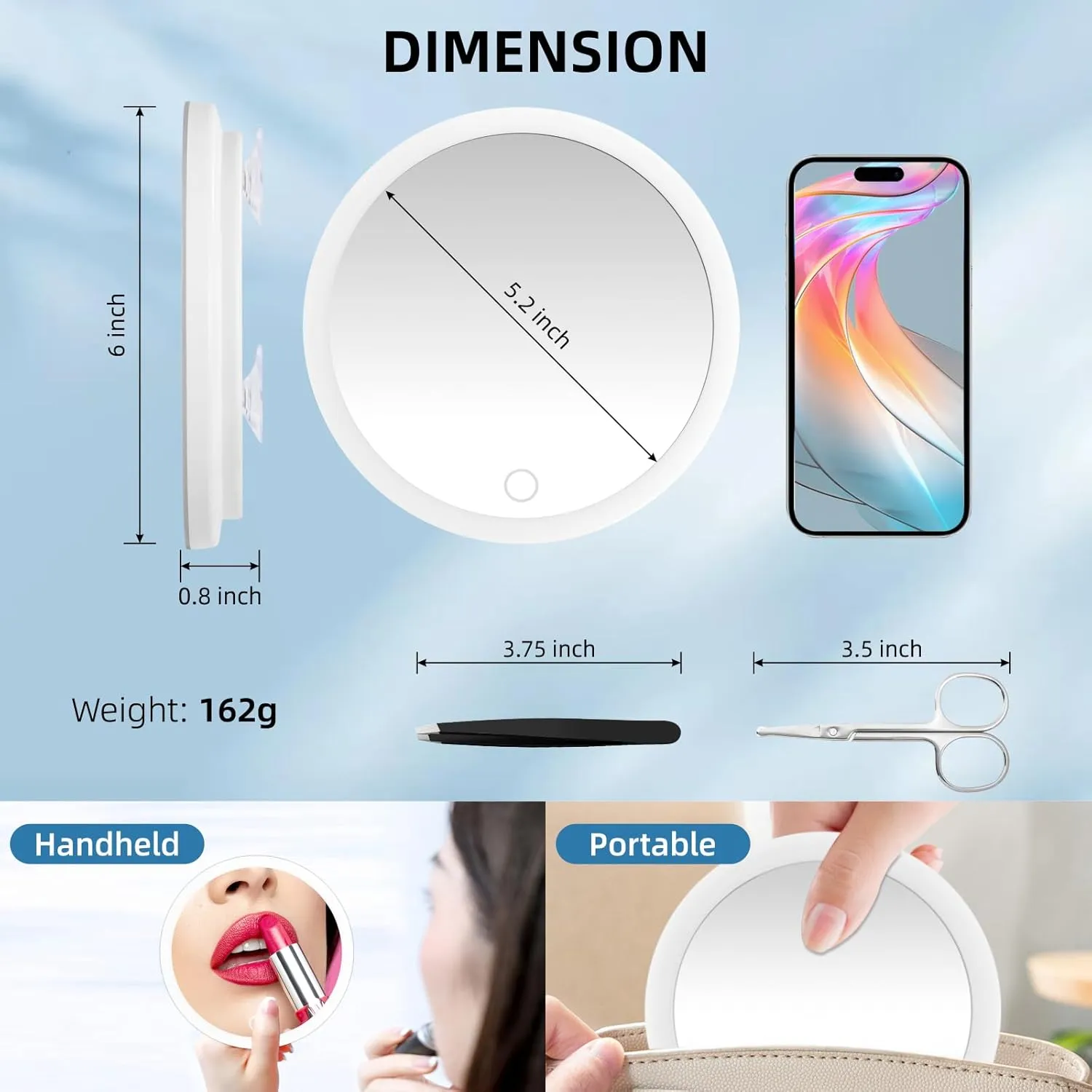 5X Magnifying Mirror with Lights, 5X Magnified Mirror with 3 Color Lights Adjustable Brightness, Rechargeable 6inch Travel Magnification with 3 Suction Cups - Includes Tweezers & Scissors