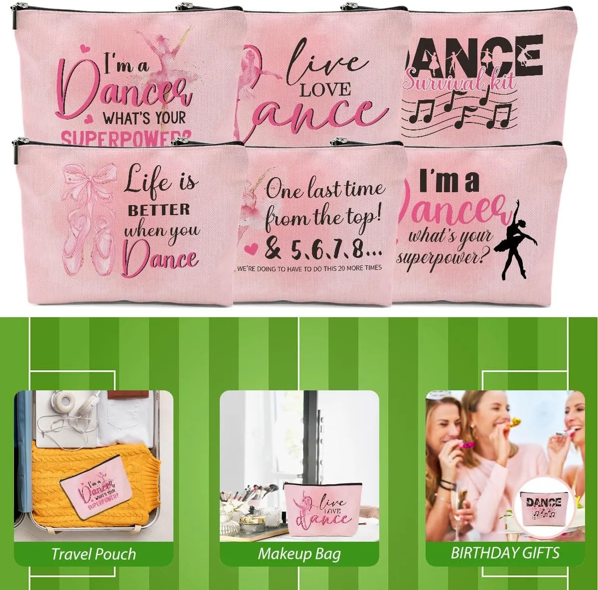 6 Pcs Dance Makeup Bag, Dancer Gifts, Dance Gifts Dance Stuff Cosmetic Bag Dance Recital Gifts for Girls Women Friends Dance Lover Travel Toiletry Bag, Dance Teacher Gifts Graduation Birthday Gifts