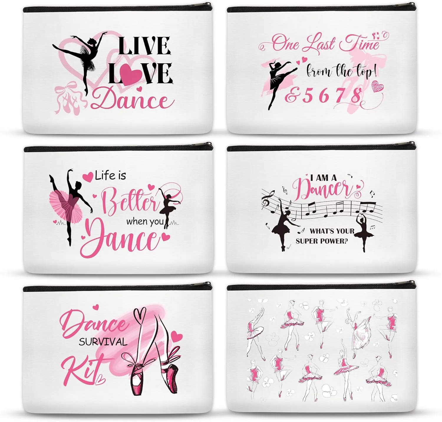 6 Pcs Dance Makeup Bag Gifts Survival Kit Dancer Cosmetic Bags Toiletry Zipper Pouch Portable Travel Case for Women Girl Dance Lover Team Gift Teacher Appreciation Christmas Ballet