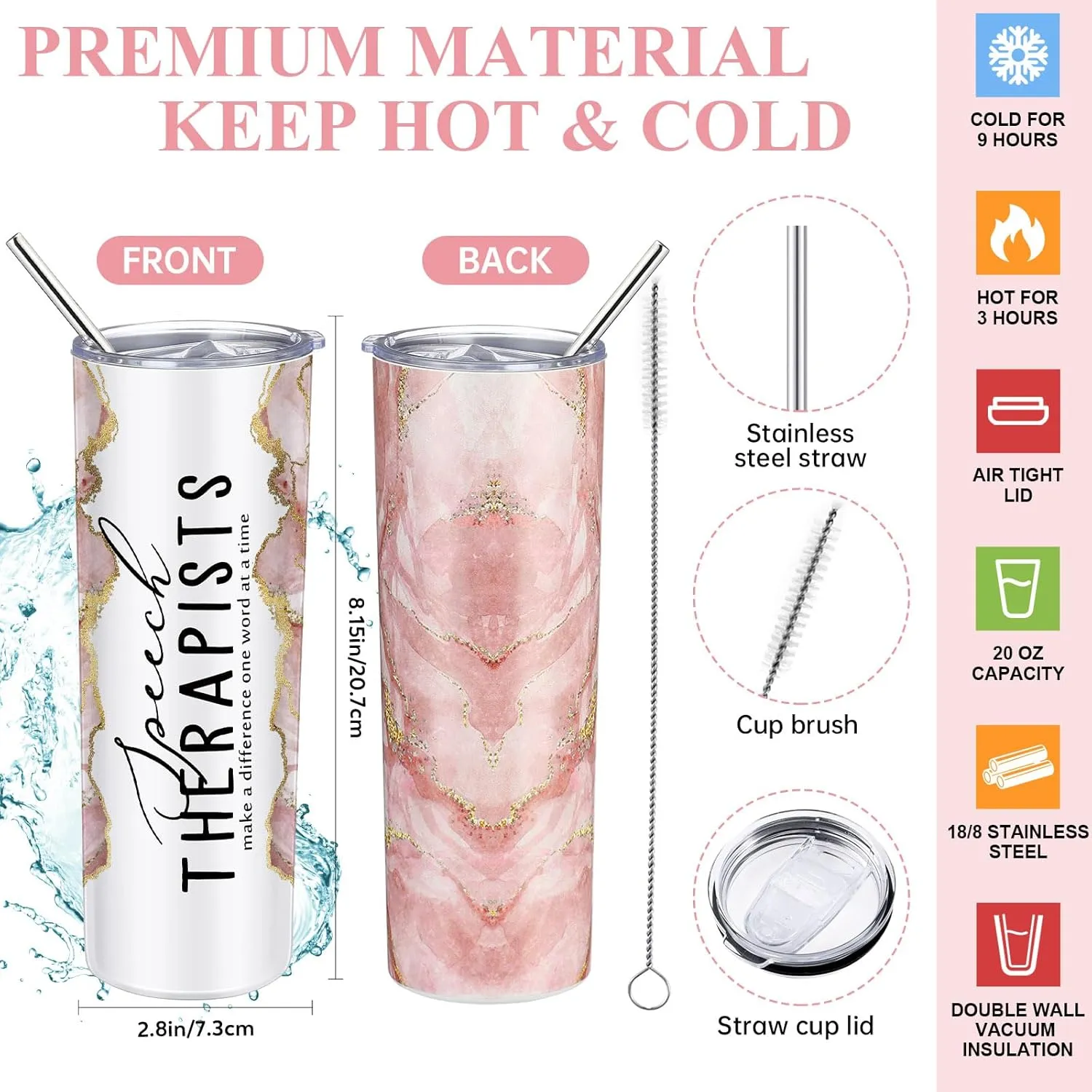 6 Pcs Speech Therapist Gifts SLP Gifts for Speech Language Pathologist 20 oz Tumbler Makeup Bag A6 Notebook Ballpoint Pen SLP Graduation Gift Appreciation Gift for Teacher Therapist (Pink)