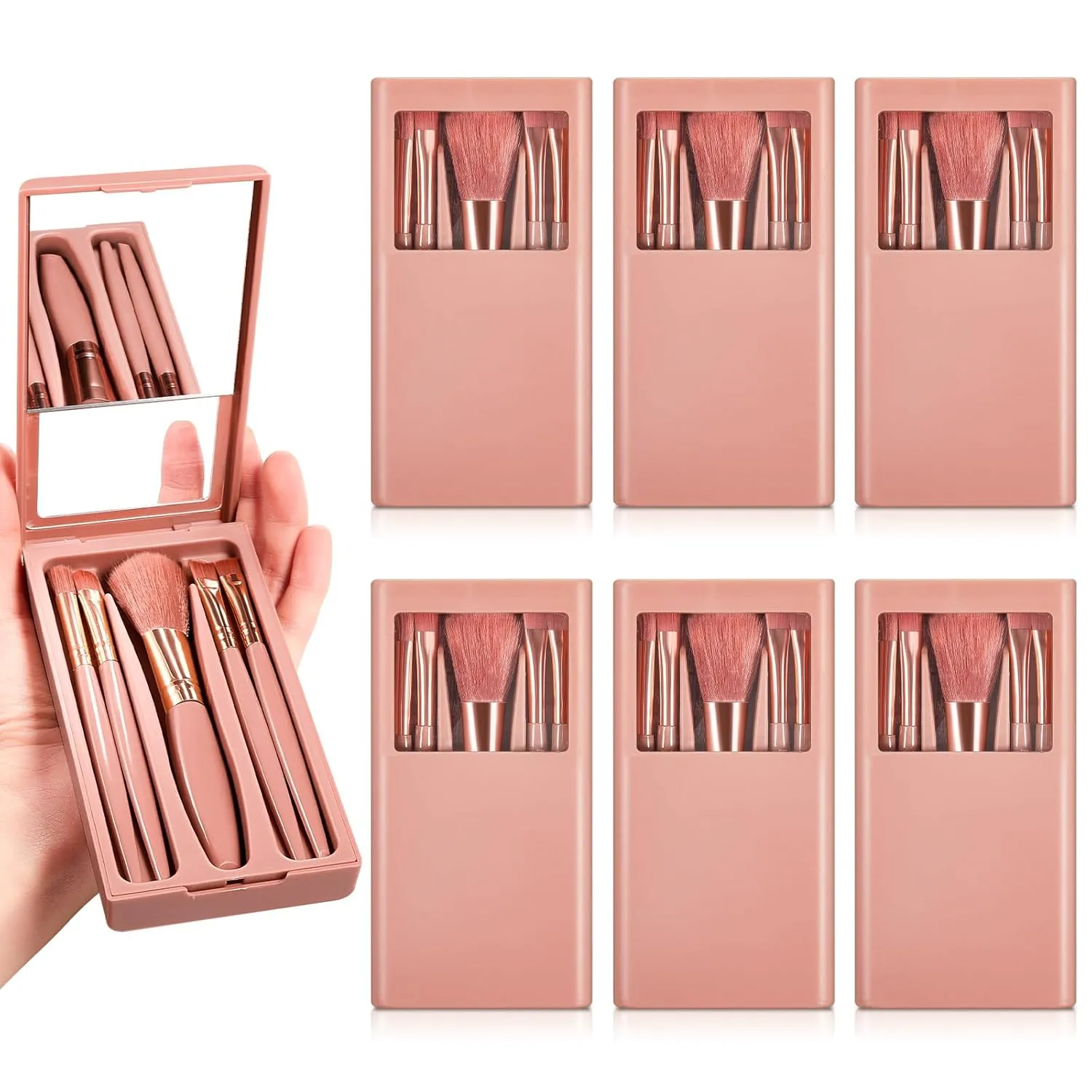 6 Sets 30 Pcs Travel Makeup Brush Set Mini Makeup Brushes with Hard Case and Mirror Small Complete Function Cosmetic Brushes Kit, Travel Essentials Kits for Women, Girls Gift(Cameo Brown)