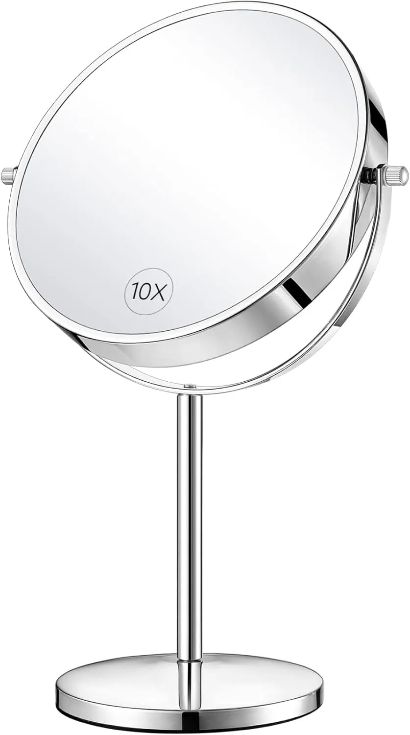 8-Inch Large Double-Sided Magnifying Makeup Mirror， 360 Degree Swivel 1X/10X Vanity Mirror, Tabletop Mirror with Stand and Removable Base, 15 inch Height