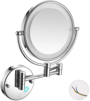 8-Inch LED Wall Mounted Makeup Mirror, 1X/10X Magnification, 360° Swivel Vanity Mirror with Extendable Arm