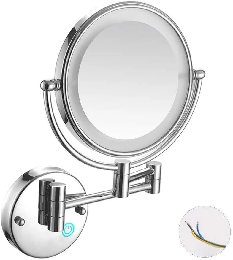 8-Inch LED Wall Mounted Makeup Mirror, 1X/10X Magnification, 360° Swivel Vanity Mirror with Extendable Arm