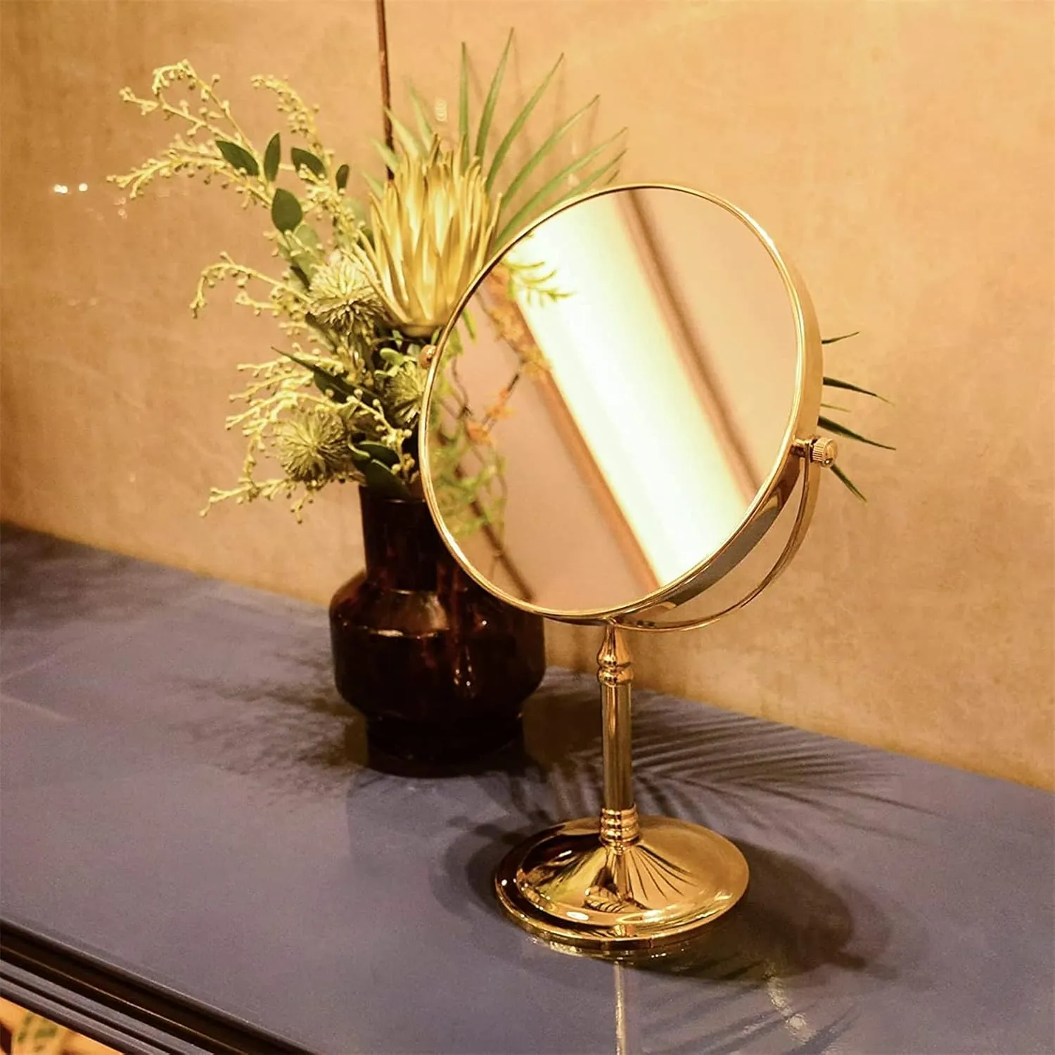 8 Inch Tabletop Makeup Mirror, Double Side Rotation Magnification Cosmetic Mirror, Men's Standing HD Shaving Mirror, Countertop Vanity Mirror for Beauty Salon,Nickel,7X