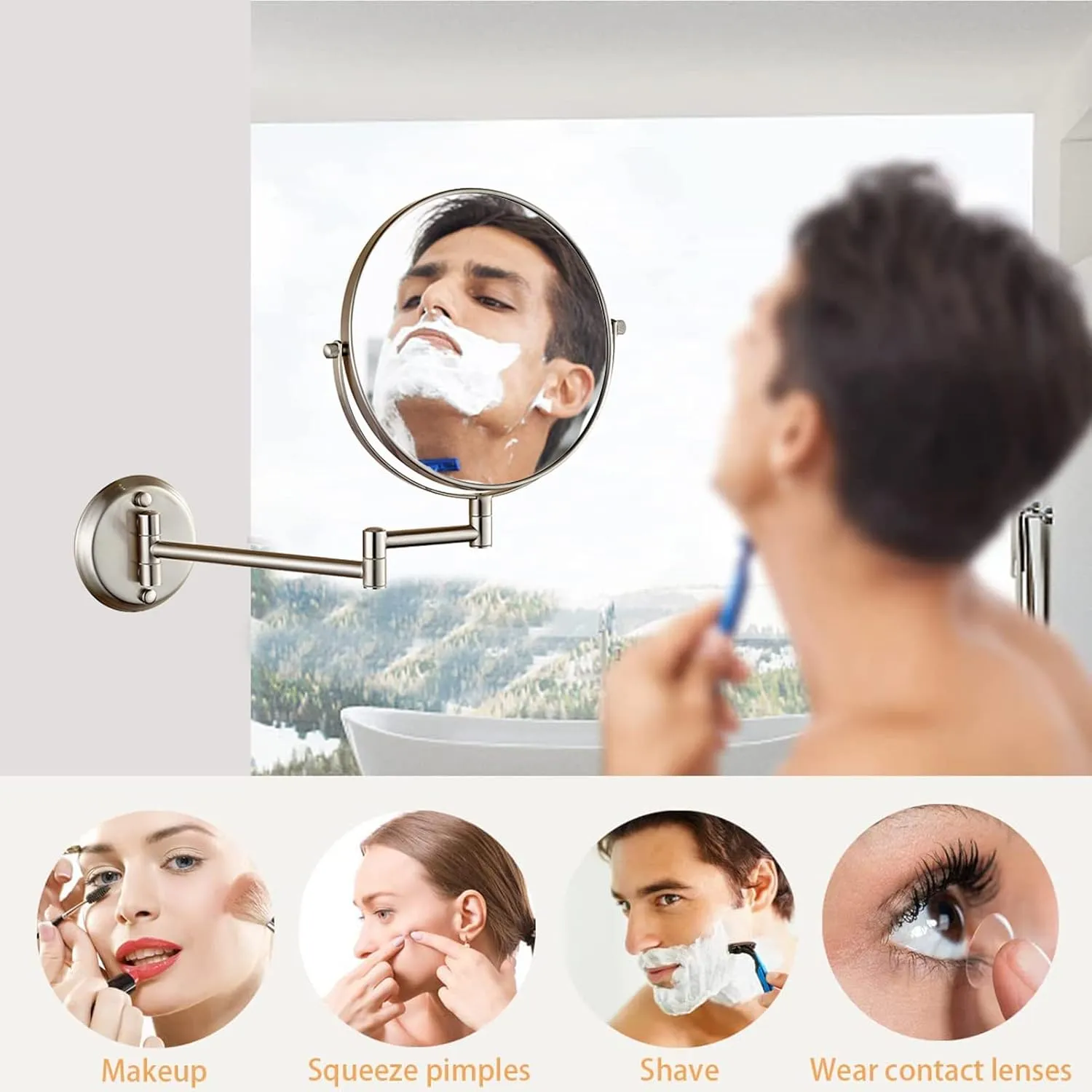 8 Inch Wall-Mounted Make-up Mirror, Shaving Mirrors for Wall, 10X Magnification 360 Degree Rotation Double-Sided Make-up Mirrors for Bathrooms, Gold
