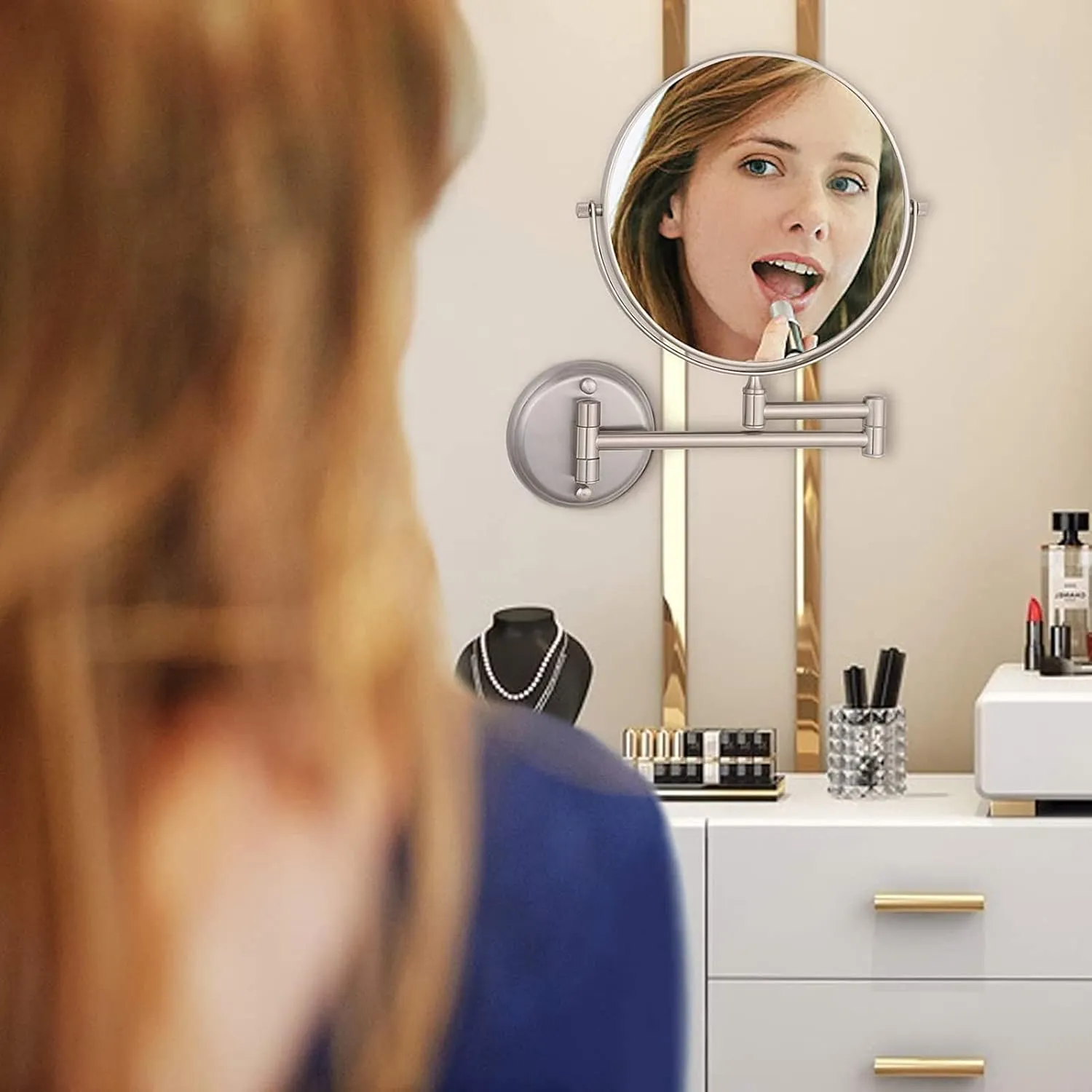 8 Inch Wall-Mounted Make-up Mirror, Shaving Mirrors for Wall, 10X Magnification 360 Degree Rotation Double-Sided Make-up Mirrors for Bathrooms, Gold