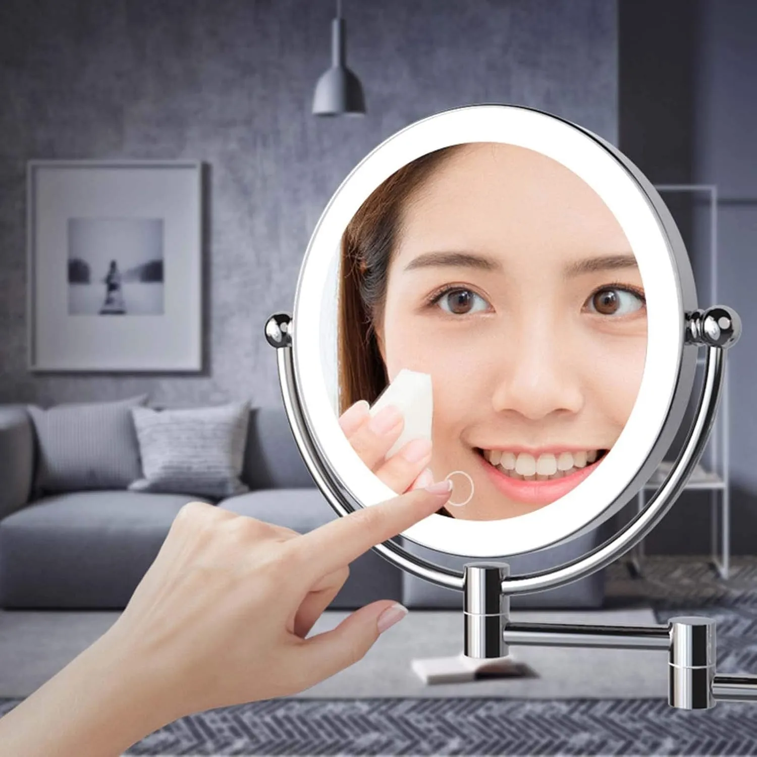 8" LED Wall Mounted Makeup Mirror, Adjustable LED Light Touch Screen, 1X/3X/5X/7X/10X Magnification 360 Degree Rotation Double Sided Led Lighted Vanity Mirrors, for Bathroom(Silver,7X)