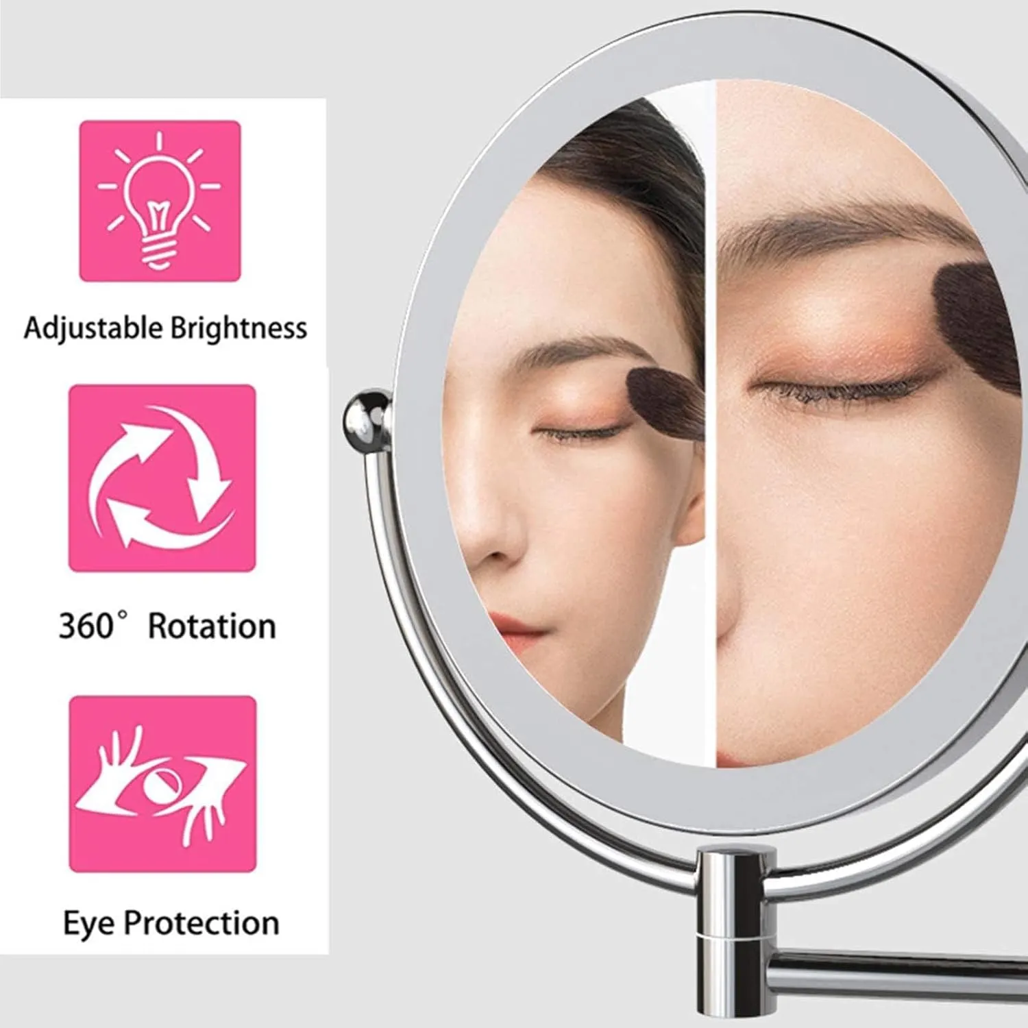 8" LED Wall Mounted Makeup Mirror, Adjustable LED Light Touch Screen, 1X/3X/5X/7X/10X Magnification 360 Degree Rotation Double Sided Led Lighted Vanity Mirrors, for Bathroom(Silver,7X)