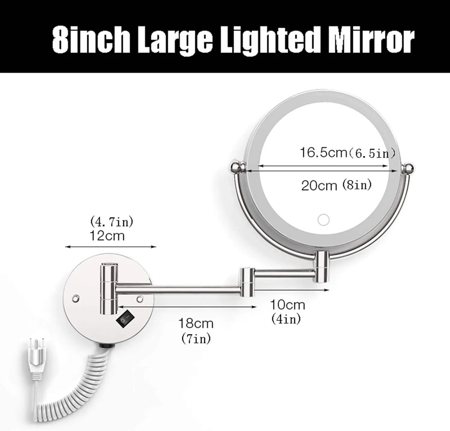 8" LED Wall Mounted Makeup Mirror, Adjustable LED Light Touch Screen, 1X/3X/5X/7X/10X Magnification 360 Degree Rotation Double Sided Led Lighted Vanity Mirrors, for Bathroom(Silver,7X)