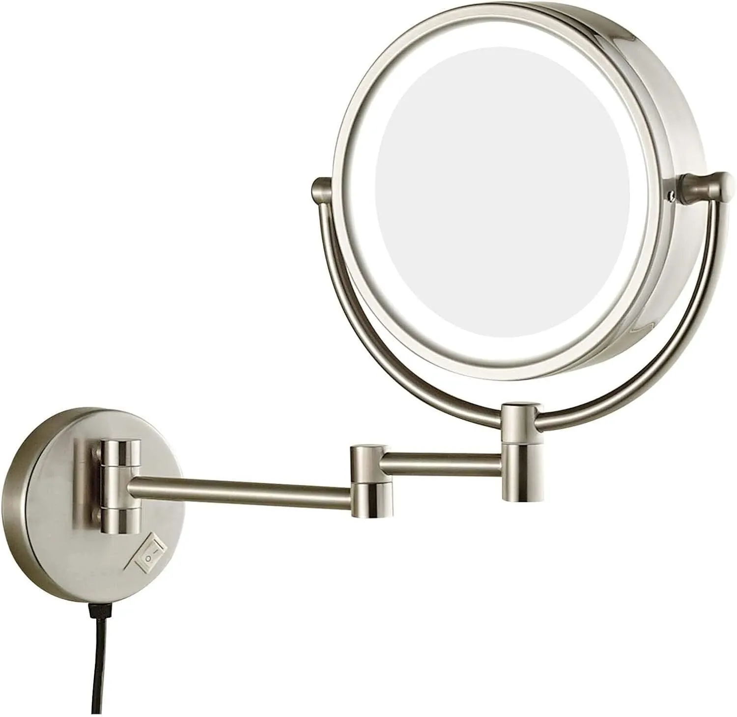 8" LED Wall Mounted Makeup Mirror, Double Sided 1X/3X/5X/7X/10X Magnification, Swivel Extendable Chrome Bathroom Mirror(Nickel,3X)