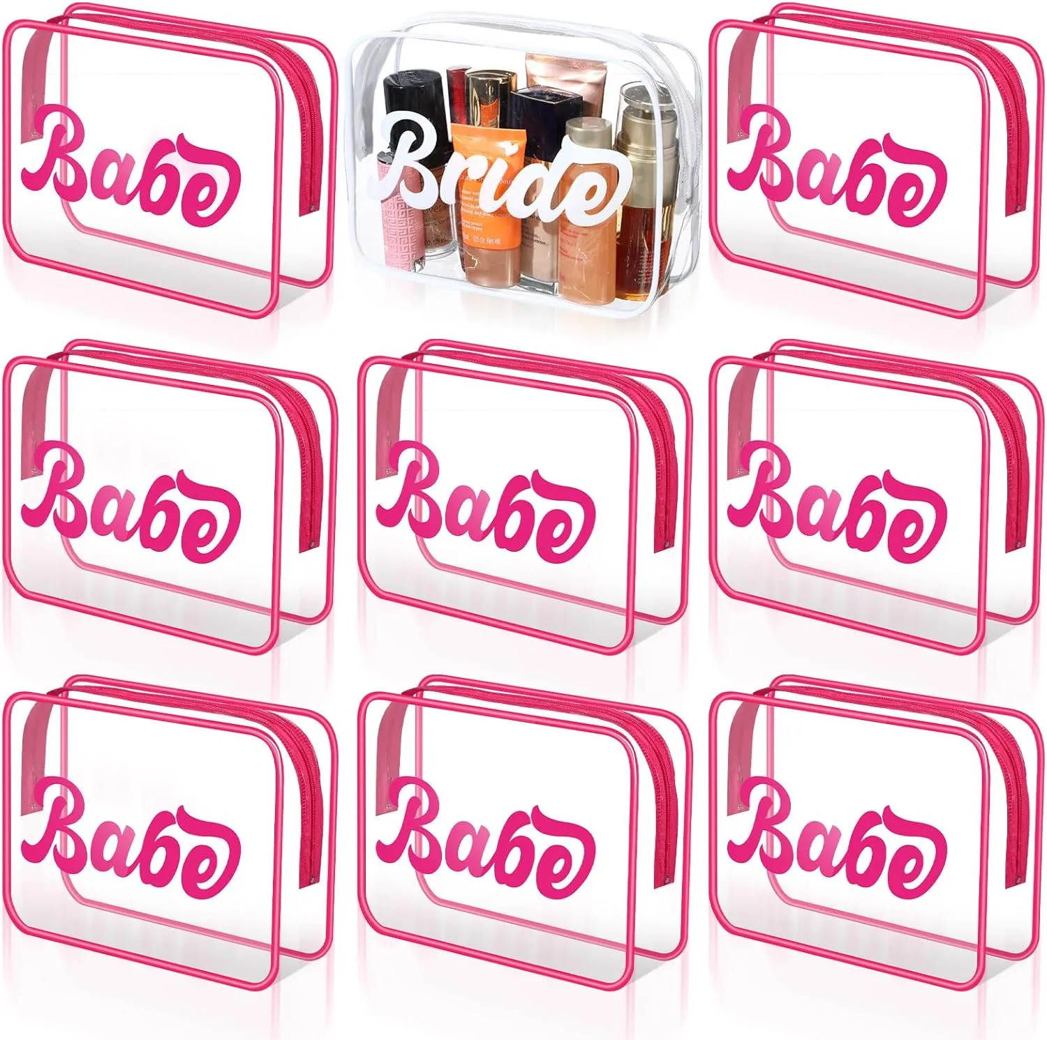 9 Pcs Bride and Babe Bachelorette Makeup Bags Bride Cosmetic Bags Bridesmaid Gifts Purse PVC Clear Toiletry Purse with Zipper for Women Bachelorette Party Wedding Bridal Shower
