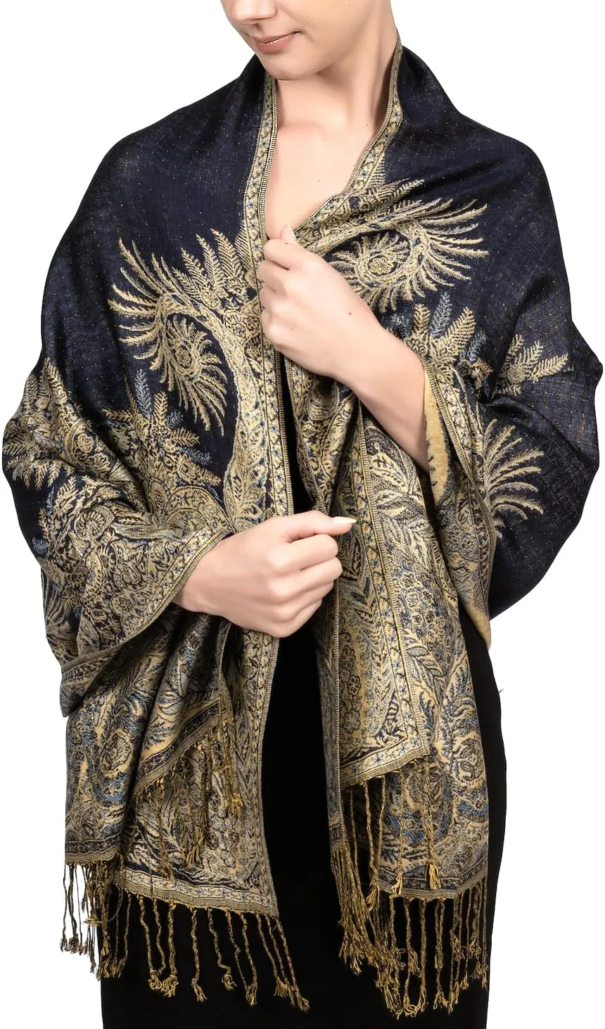 Achillea Reversible Paisley Pashmina Rave Scarf, Shawls and Wraps for Evening Dresses, Exotic Indian Scarves for All Season