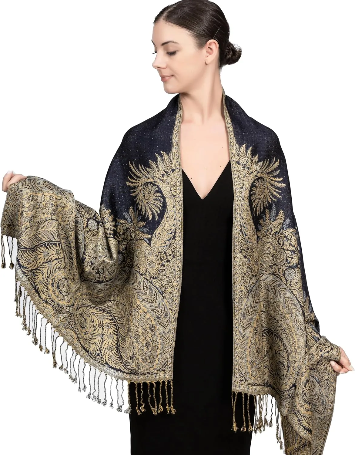 Achillea Reversible Paisley Pashmina Rave Scarf, Shawls and Wraps for Evening Dresses, Exotic Indian Scarves for All Season