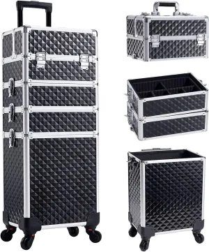 Adazzo 4 in 1 Rolling Makeup Case Cosmetic Train Case Trolley Roll Travel Box for Makeup Artist, Hairstylists, Nail Tech Makeup Cart with Key Swivel Wheels Barber Case Traveling Trunk Black