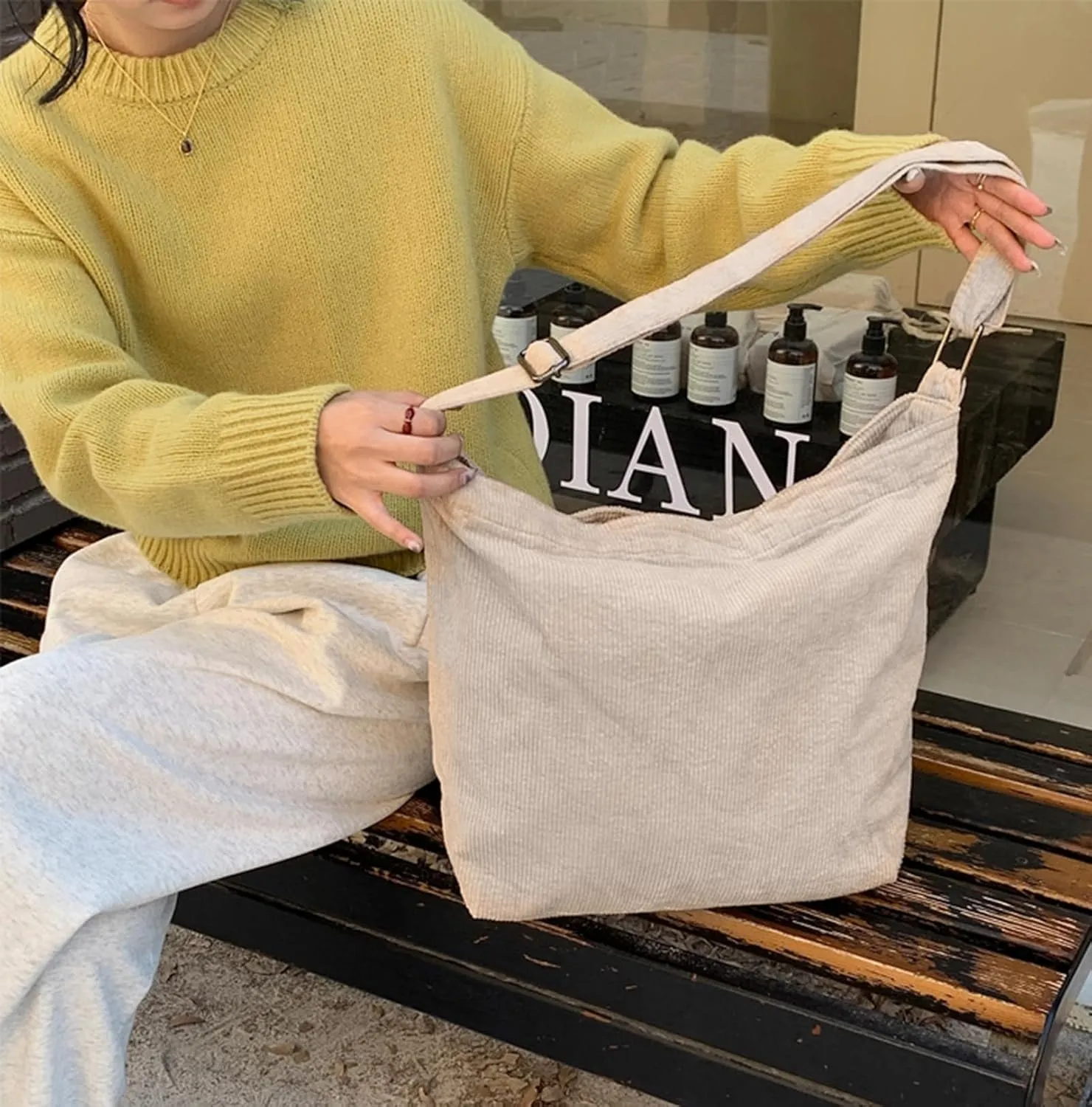 ALUWU Corduroy Tote Bag for Women Girl Canvas Shoulder Handbags Cute Large Purse