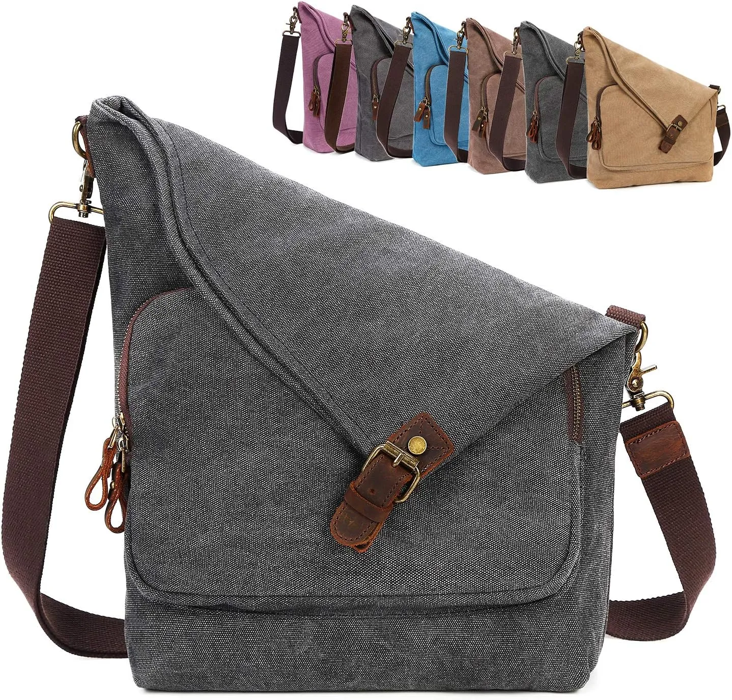 AmHoo Canvas Crossbody Bag for Women Genuine Leather Messenger Purse Handbags Shoulder Bag Hobo Totes