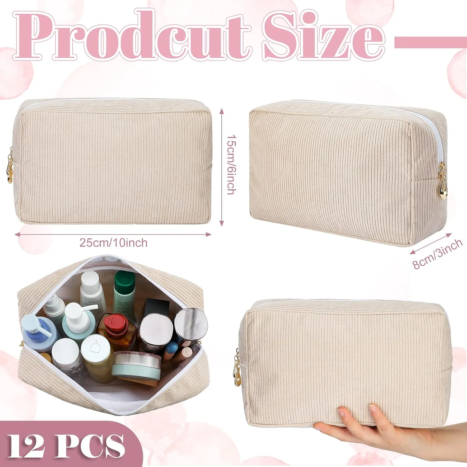 Amylove 12 Pcs Christmas Corduroy Makeup Bag Large Capacity Preppy Cosmetic Bag Bulk DIY Daily Use Plain Portable Makeup Pouch Travel Purse Organizer Storage for Women Xmas Gift(Beige)