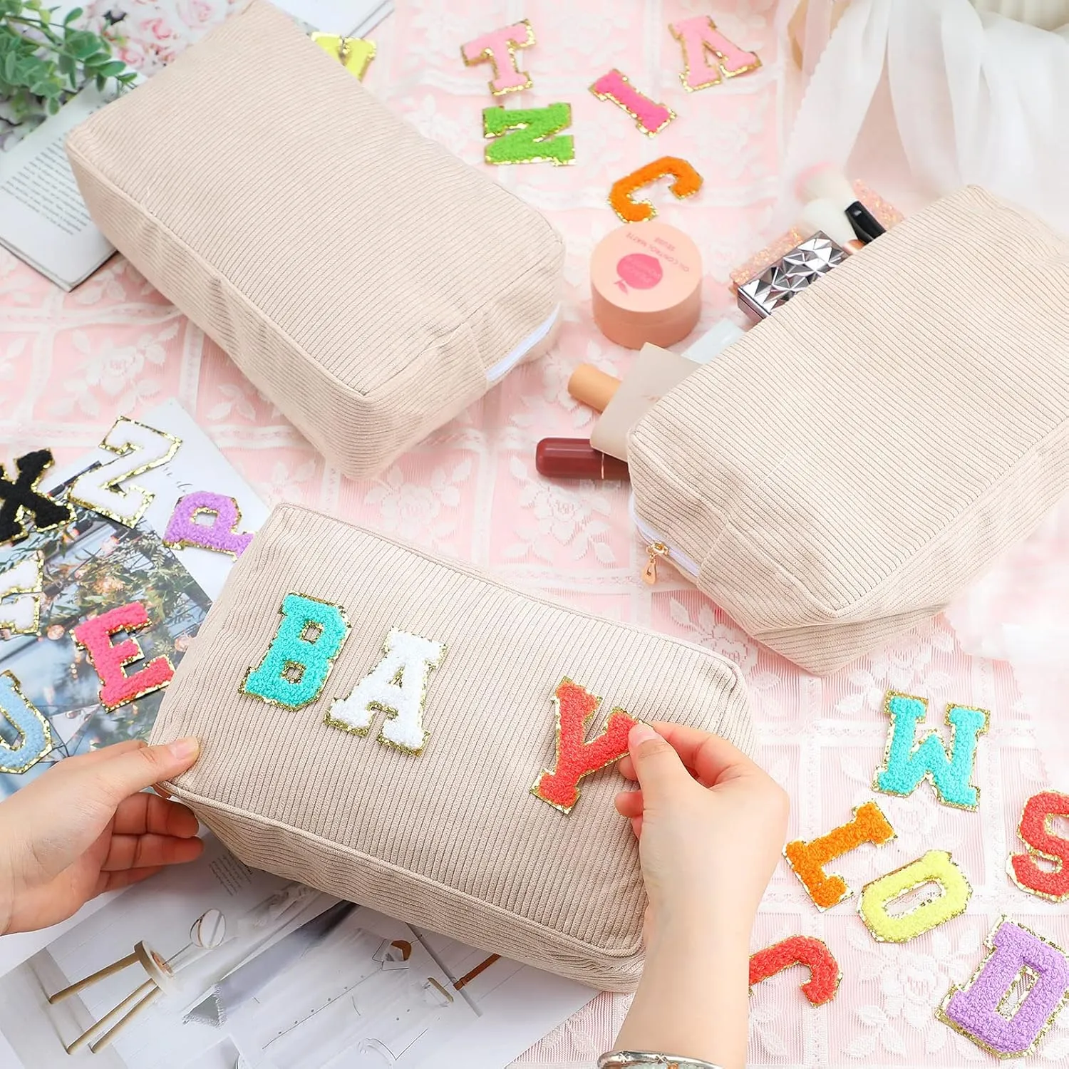 Amylove 12 Pcs Christmas Corduroy Makeup Bag Large Capacity Preppy Cosmetic Bag Bulk DIY Daily Use Plain Portable Makeup Pouch Travel Purse Organizer Storage for Women Xmas Gift(Beige)
