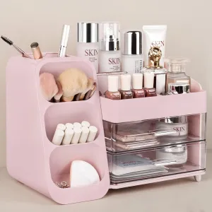 Anyoifax Makeup Organizer with Drawers Vanity Organizer Countertop with Brush Holder Large Perfume Organizer for Dresser Skin Care and Lotion Storage for Nail Polish, Lipsitck, Palettes, Pink