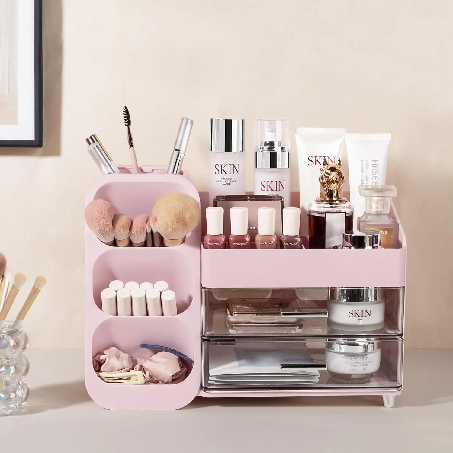 Anyoifax Makeup Organizer with Drawers Vanity Organizer Countertop with Brush Holder Large Perfume Organizer for Dresser Skin Care and Lotion Storage for Nail Polish, Lipsitck, Palettes, Pink
