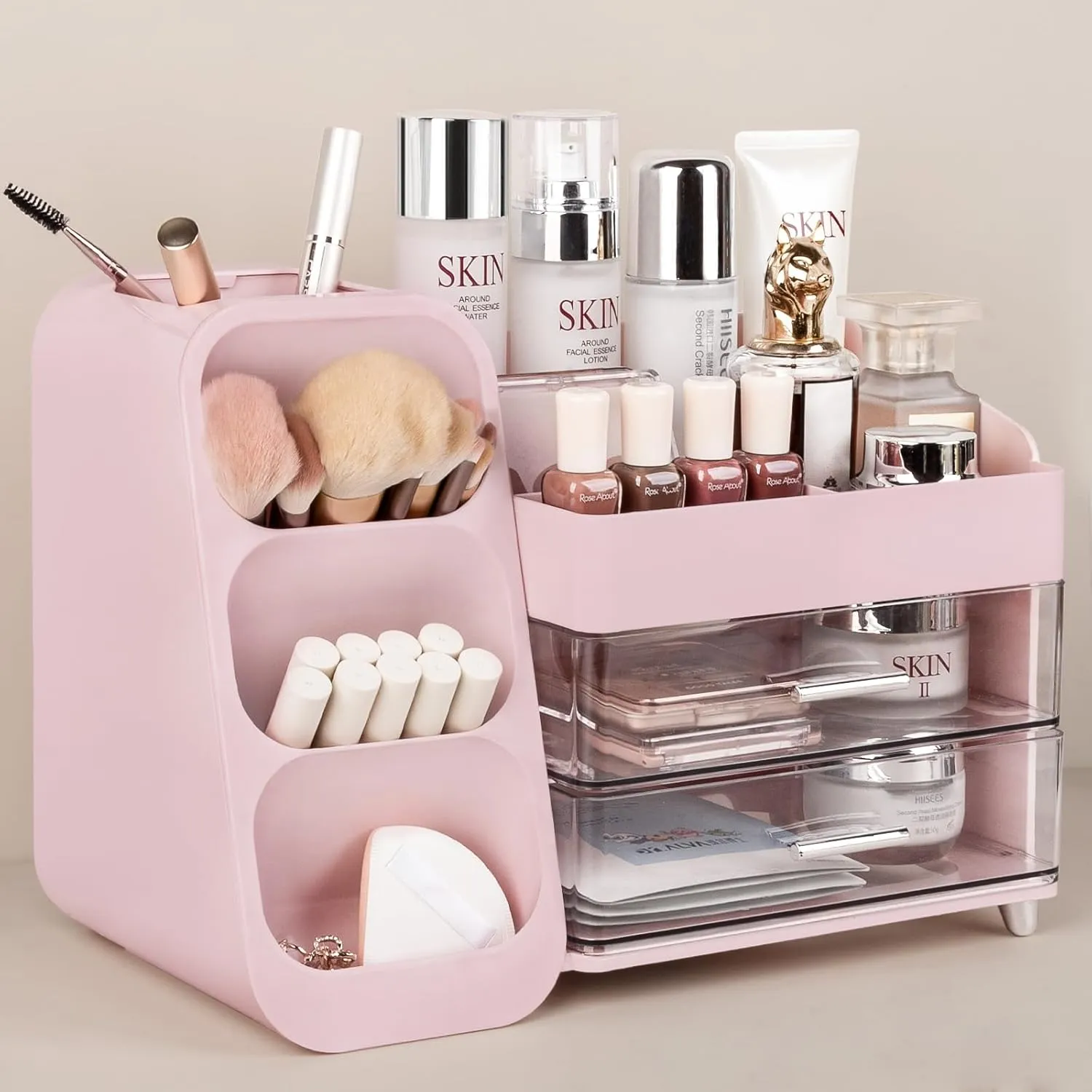 Anyoifax Makeup Organizer with Drawers Vanity Organizer Countertop with Brush Holder Large Perfume Organizer for Dresser Skin Care and Lotion Storage for Nail Polish, Lipsitck, Palettes, Pink