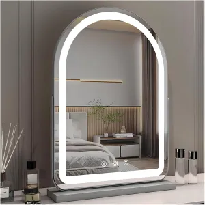 Arched LED Vanity Mirror, Lighted Desktop Makeup Mirror, Light Up Mirror with Smart Touch 3 Colors Dimmable, 360° Rotation(Silver,30X40CM/11.8X15.7IN)