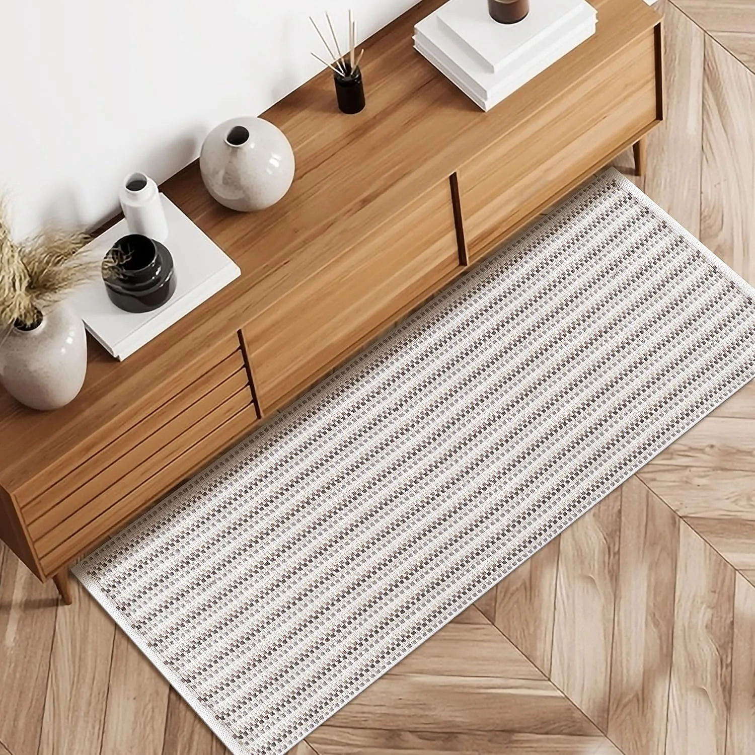 Area Rug 2x6 Ft Cotton Grey/Beige Rugs for Livingroom Bedroom Washable RagRug Reversible Farmhouse Kitchen RunnerRug Carpet Indoor Area Runner Mat for Hallway, Entryway 24x72 Inches