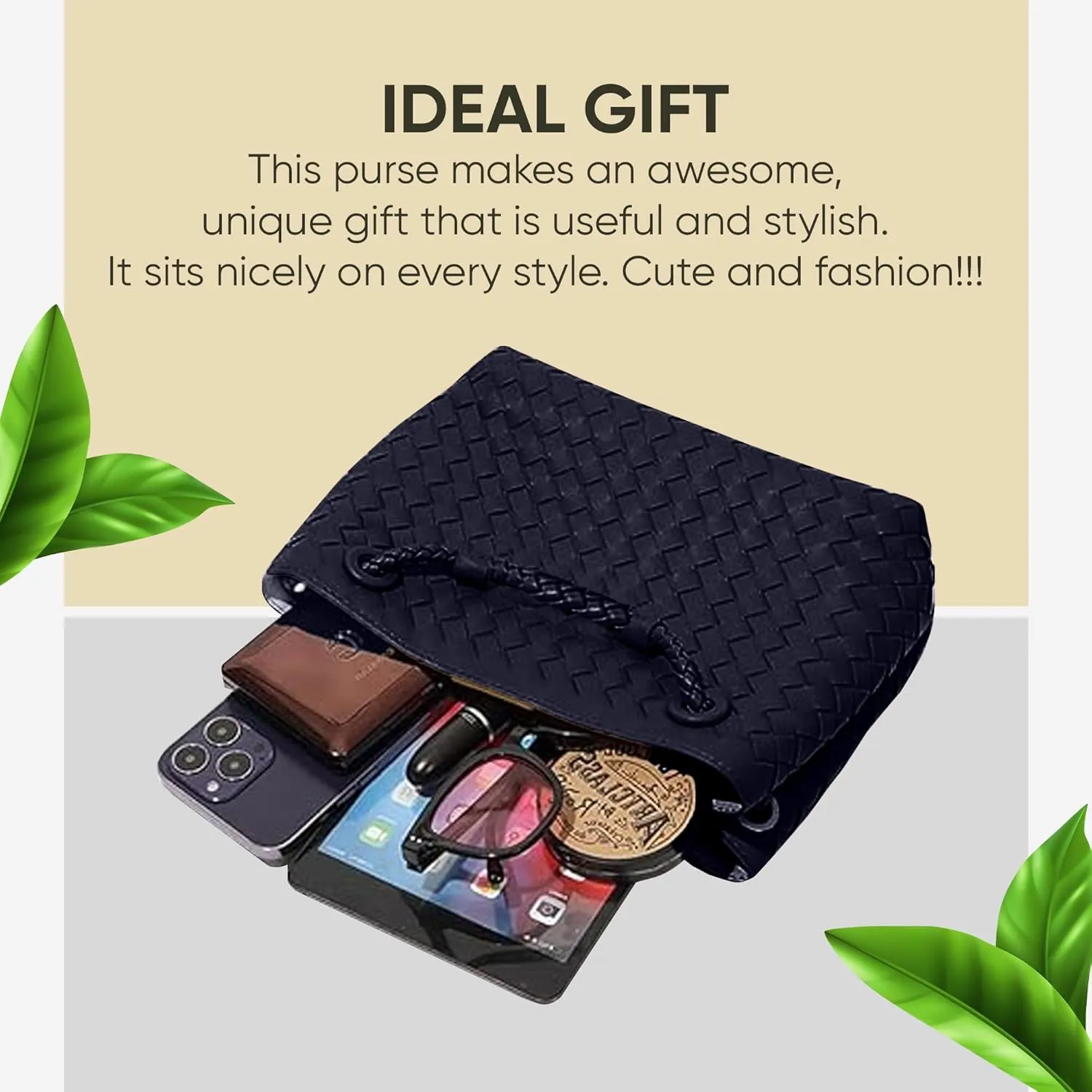 Ash&Ivy Woven Bag for Women – Vegan Leather Shoulder Purse, Handmade Tote, Elegant Satchel, Top Handle Handbag