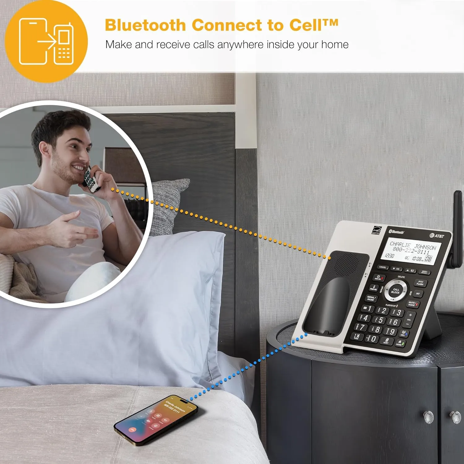 AT&T Cordless Phone 5 Handset with Bluetooth, Landline Phones for Home, Answering System, Smart Call Blocker, DECT 6.0 Extended Range, 2" Backlit Screen, Lighted Keypad with Big Buttons, BL3107-5