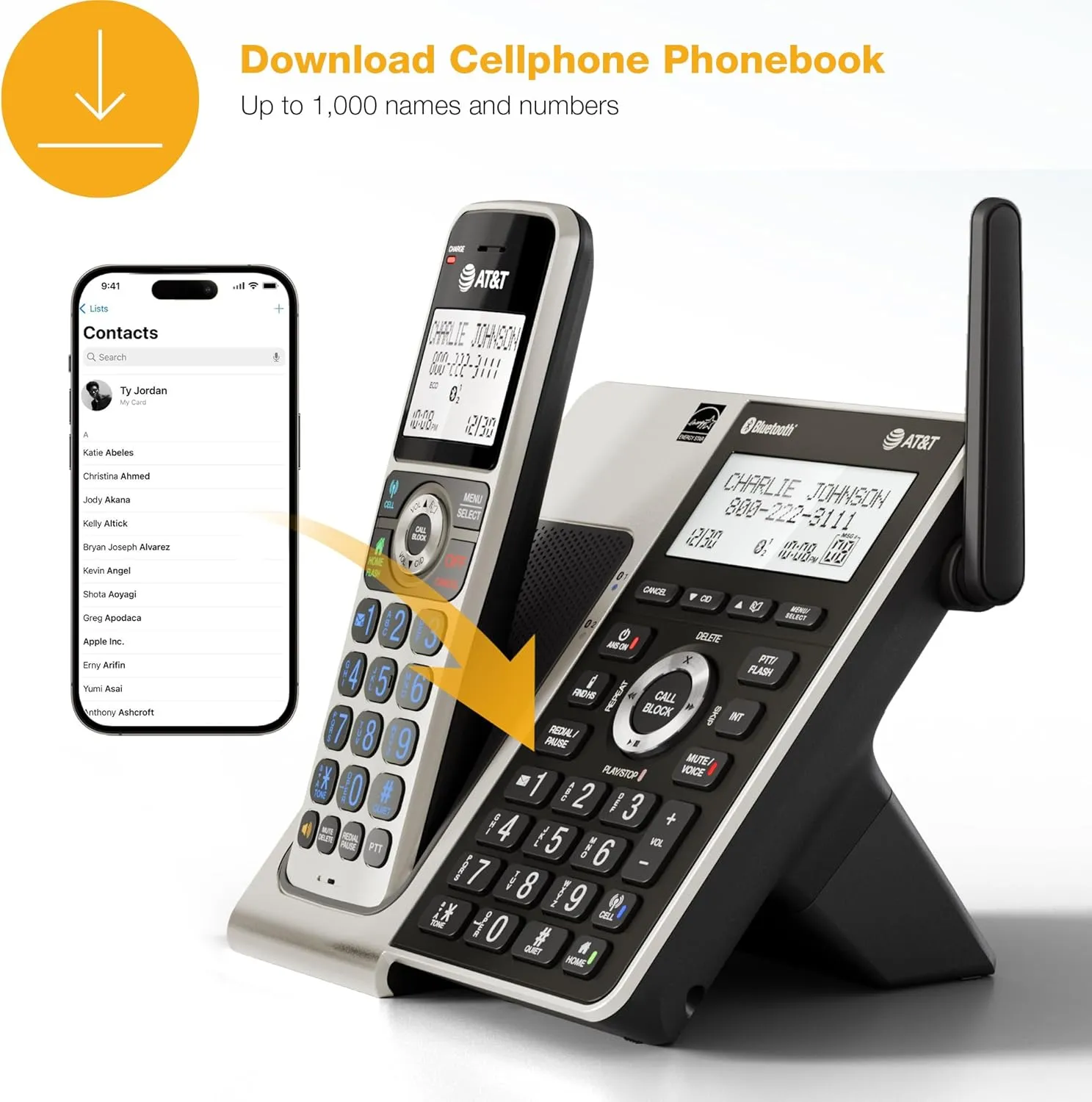 AT&T Cordless Phone 5 Handset with Bluetooth, Landline Phones for Home, Answering System, Smart Call Blocker, DECT 6.0 Extended Range, 2" Backlit Screen, Lighted Keypad with Big Buttons, BL3107-5