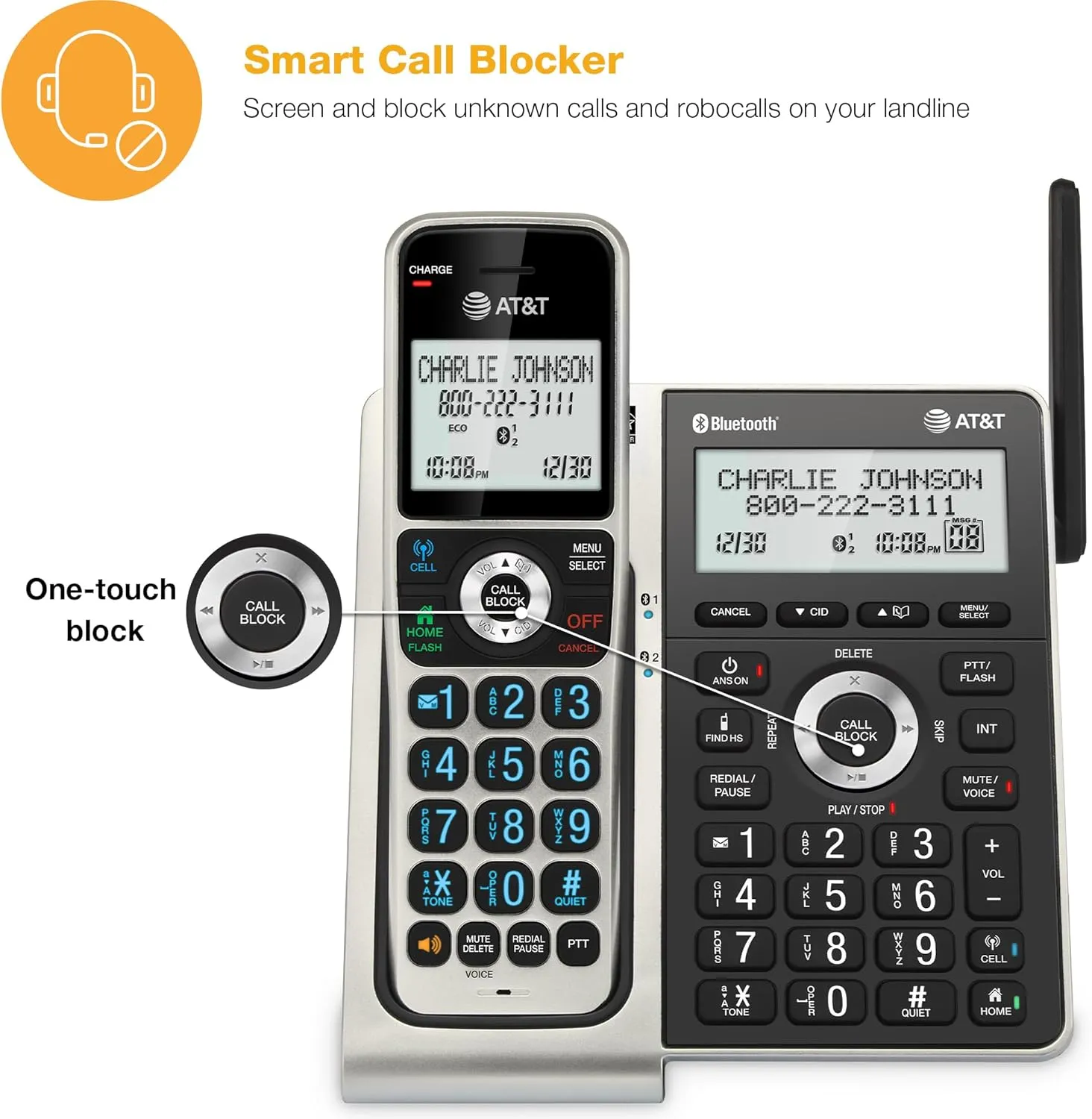 AT&T Cordless Phone 5 Handset with Bluetooth, Landline Phones for Home, Answering System, Smart Call Blocker, DECT 6.0 Extended Range, 2" Backlit Screen, Lighted Keypad with Big Buttons, BL3107-5