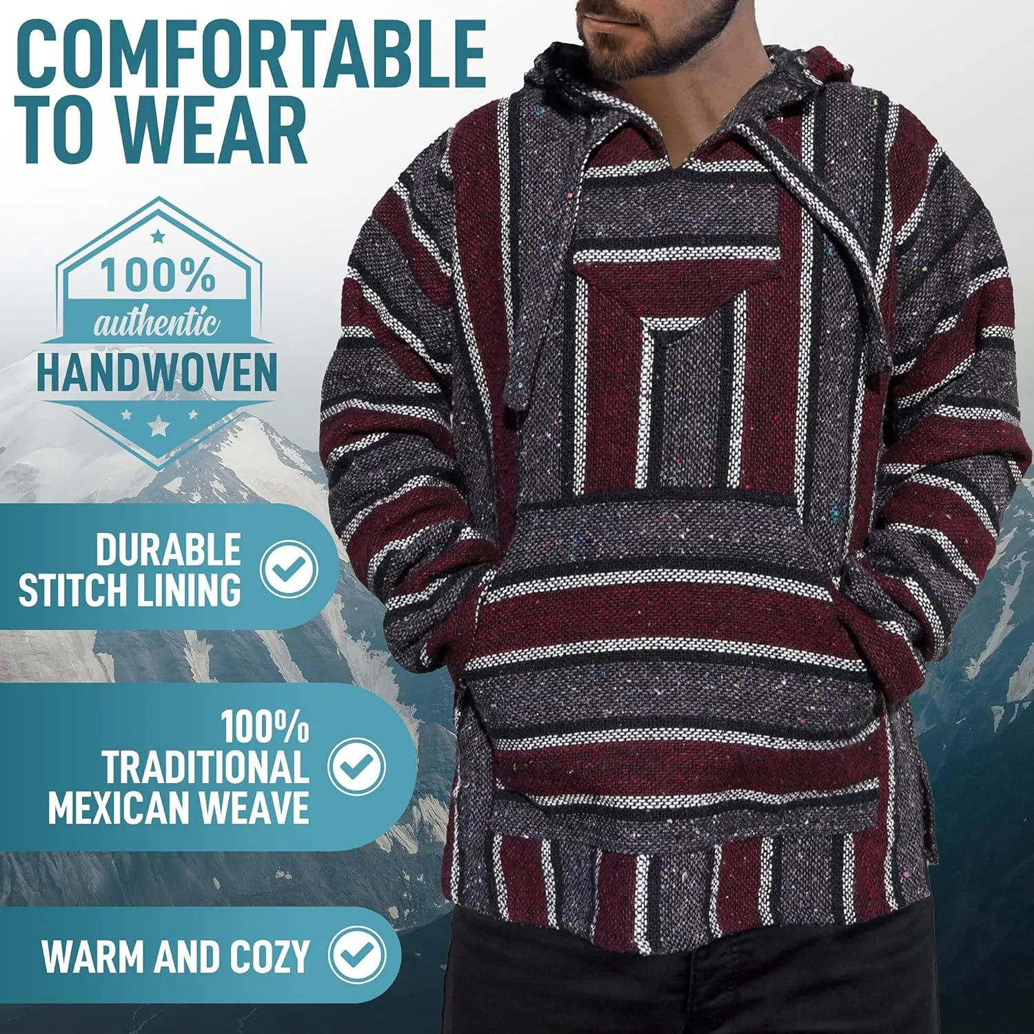 Authentic Mexican Baja Hoodie - Woven Pullover Sweater Jacket