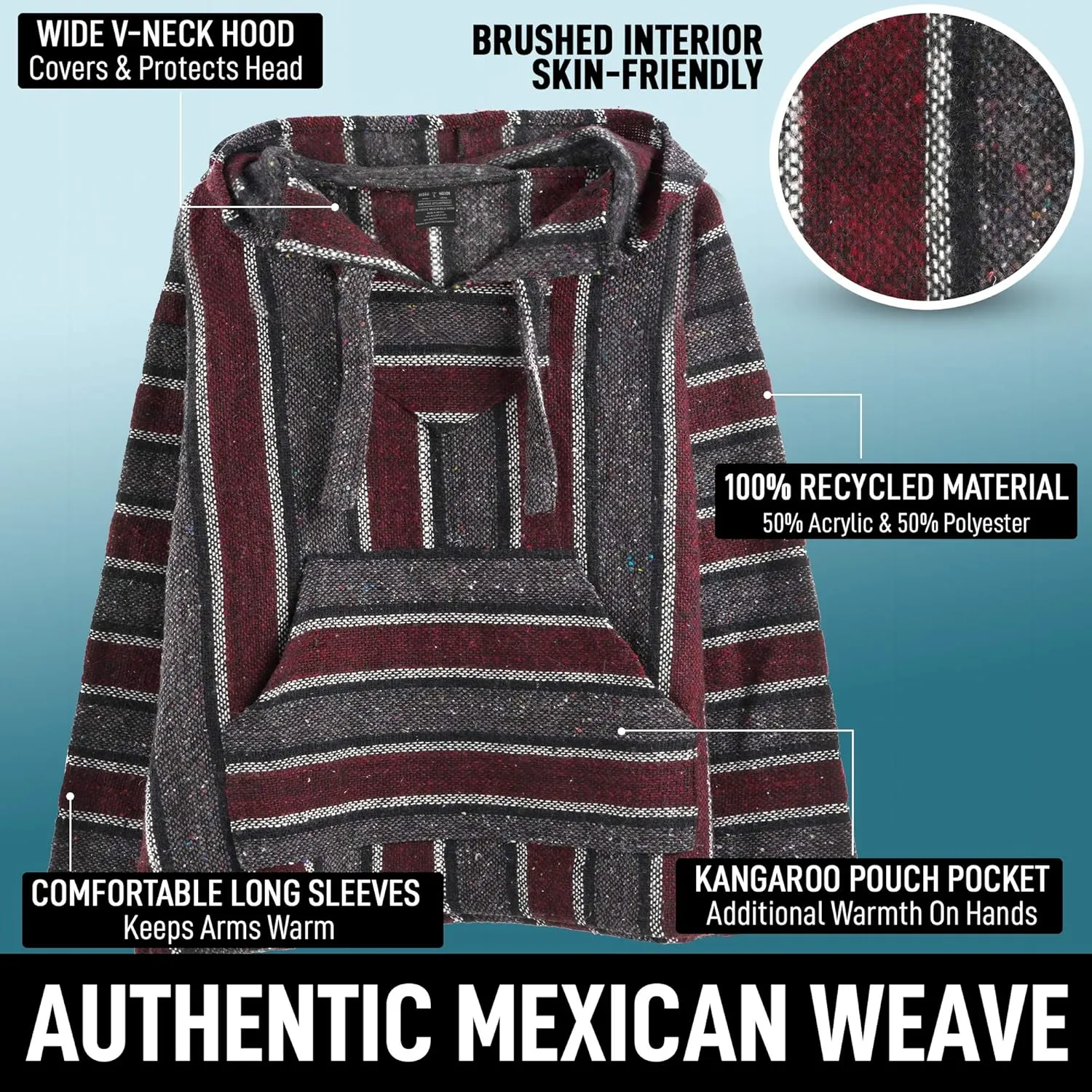 Authentic Mexican Baja Hoodie - Woven Pullover Sweater Jacket