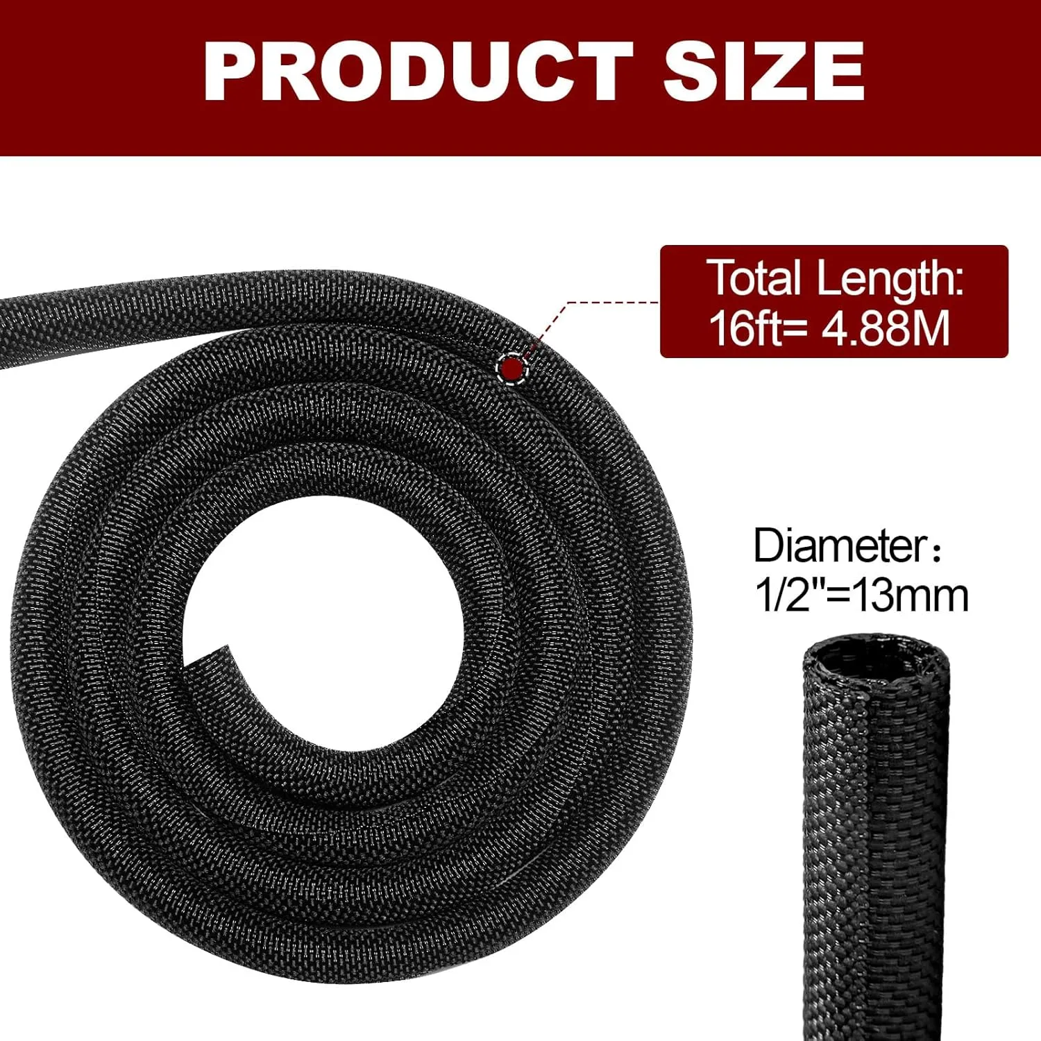 Automotive Wire Loom High Temperature Braided Wraps, Split-Sleeve Heat Resistant Wiring Tubing Cord Cover for Harness Wires, Self-Wrapping Heavy Duty Sheathing Cable Management Black（16ft-1/2inch ）