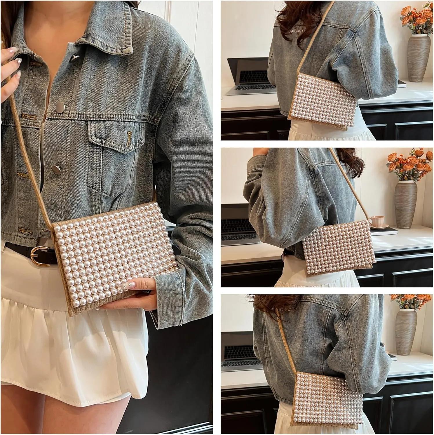 Ayliss Women Crossbody Handbag Purse Small Artificial Pearl Handwoven Summer Beach Shoulder Handbag Woven Cotton Crochet