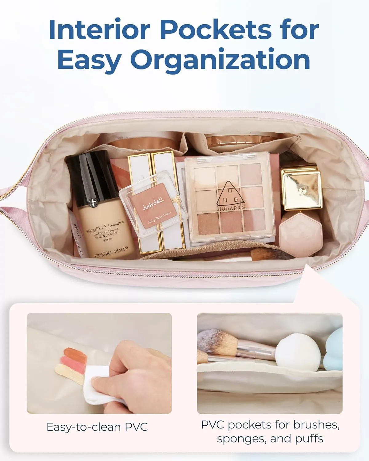 BAGSMART Makeup Bag Travel Cosmetic Bag, Puffy Padded Make Up Bags for Women Makeup Organizer Case, Wide-open Pouch Purse Travel Essentials Toiletries Accessories Brushes, (Dark Pink)